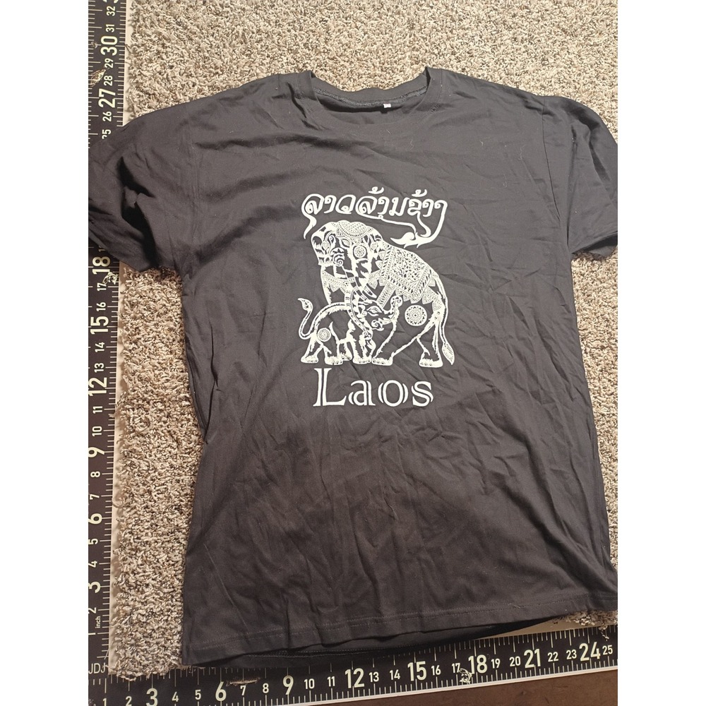Laos Elephant Graphic T-Shirt Black Mens 2XL Souvenir Cultural Art Tee